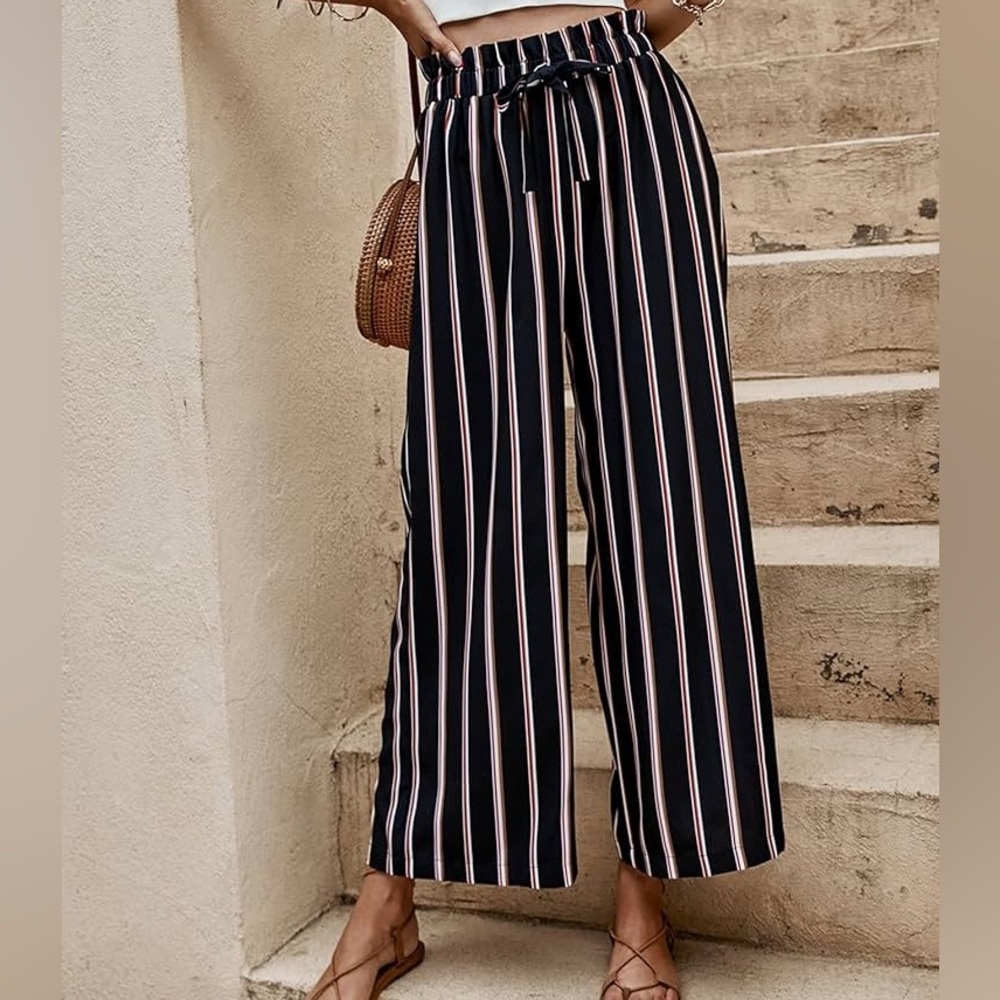 NEW FLOWY striped black & beige tan paper bag flare pants elastic waist band